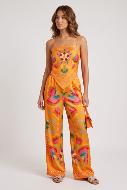 Set Women - Satin Tropical Print Co-Ord with Wide Leg