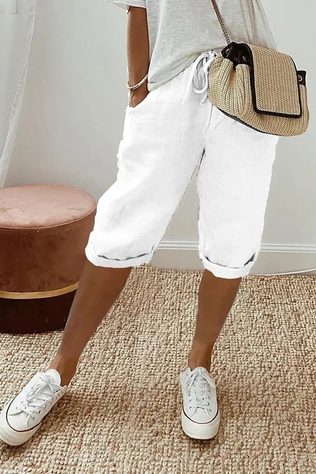 Capri Pants Women - Elastic Waist Pants with Drawstring and Side Pockets
