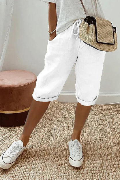 Capri Pants Women - Elastic Waist Pants with Drawstring and Side Pockets