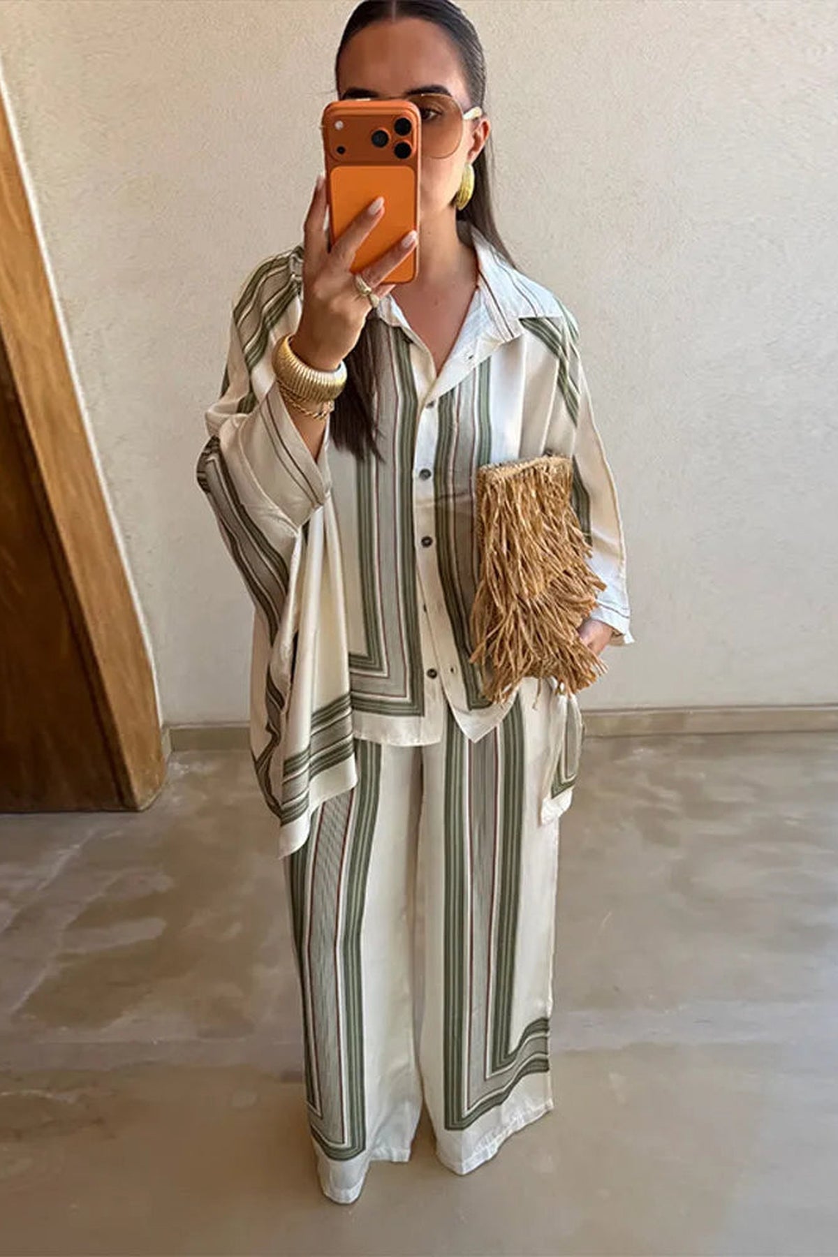 Set Women - Striped Two-Piece Outfit with Wide Leg Trousers