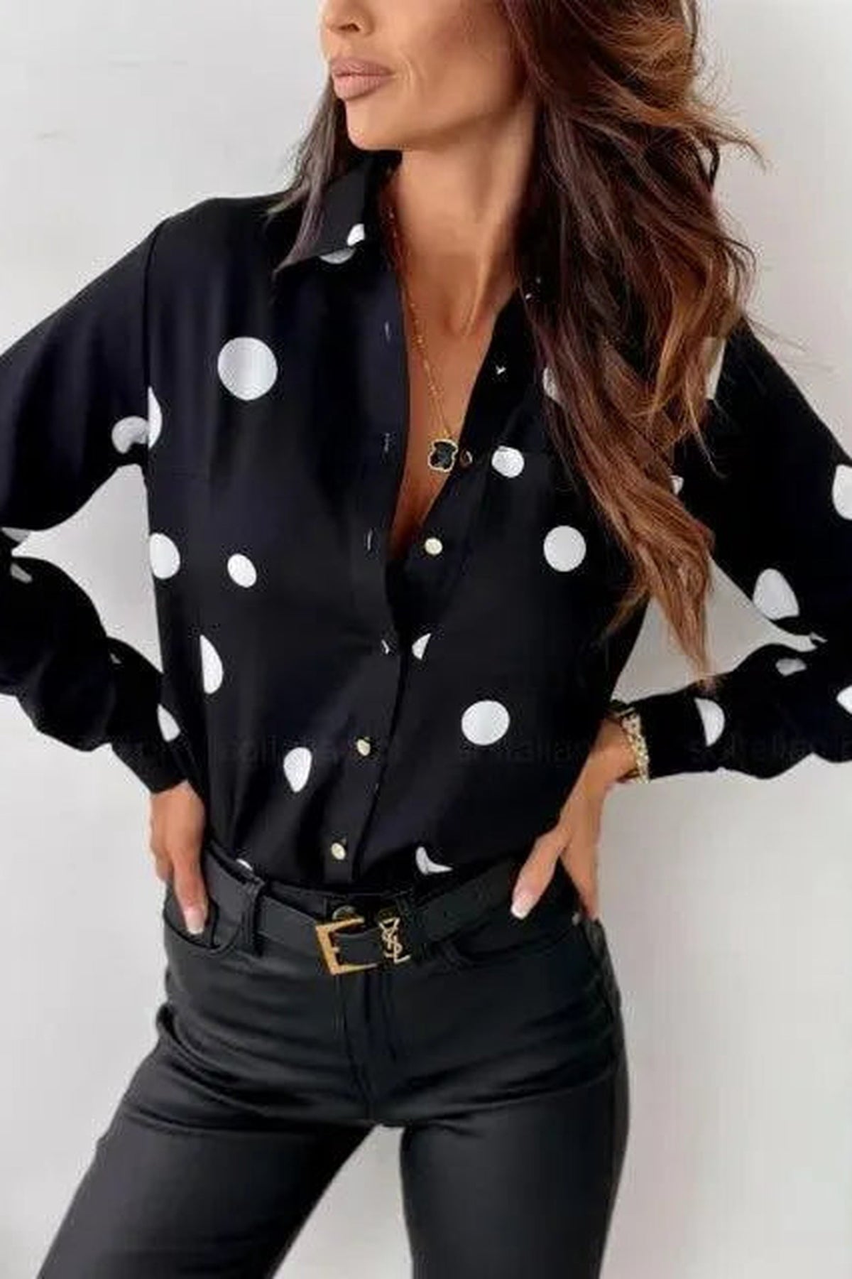 Blouse Women - Polka Dot Cotton Blouse with Long Sleeves