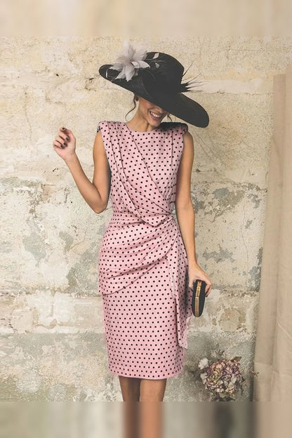 Midi Dress Women - Draped Polka Dot Dress with Sleeveless Cut