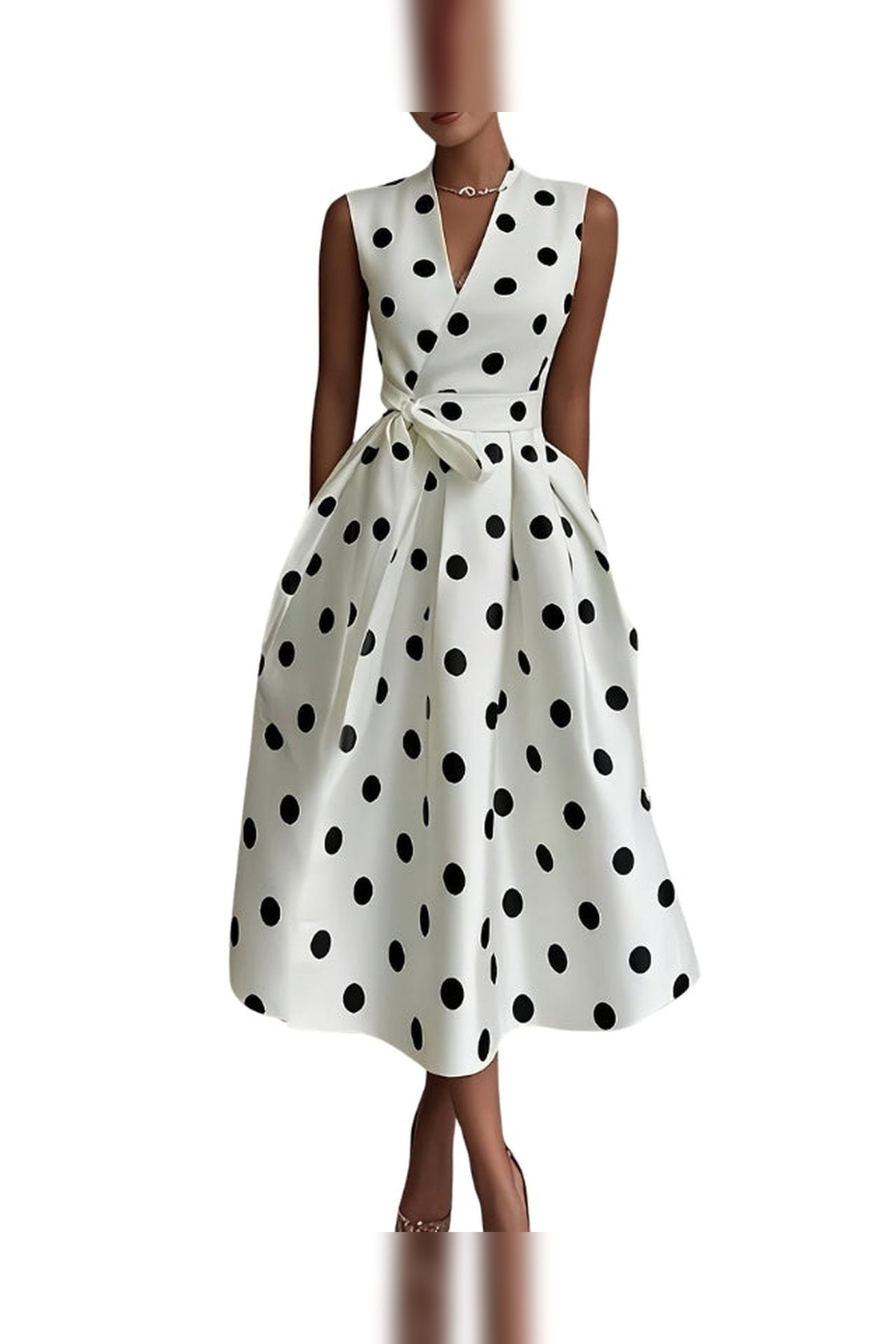 Midi Dress Women - Sleeveless Polka Dot Dress with Pockets