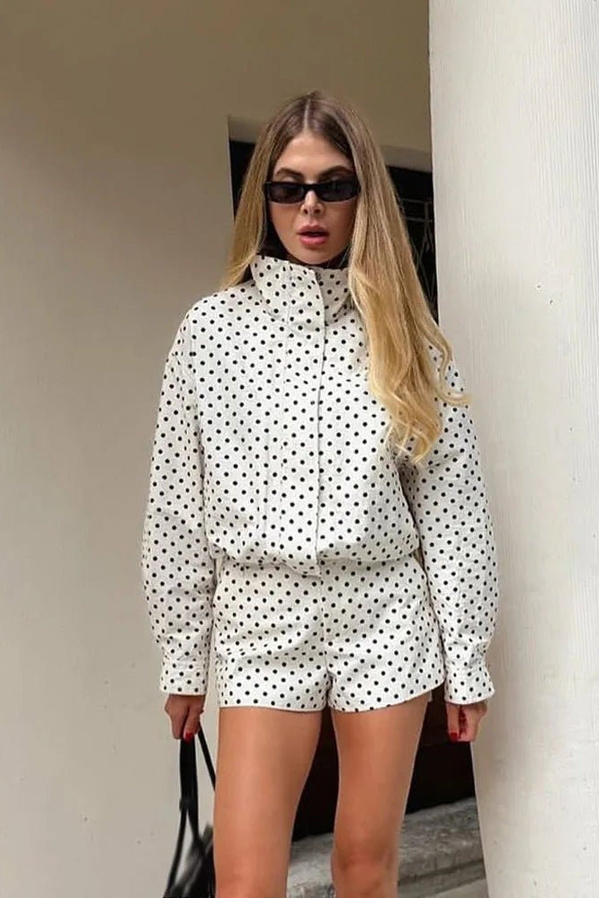 Jacket Women - Cropped Polka Dot Blouson with Drawstring Hem