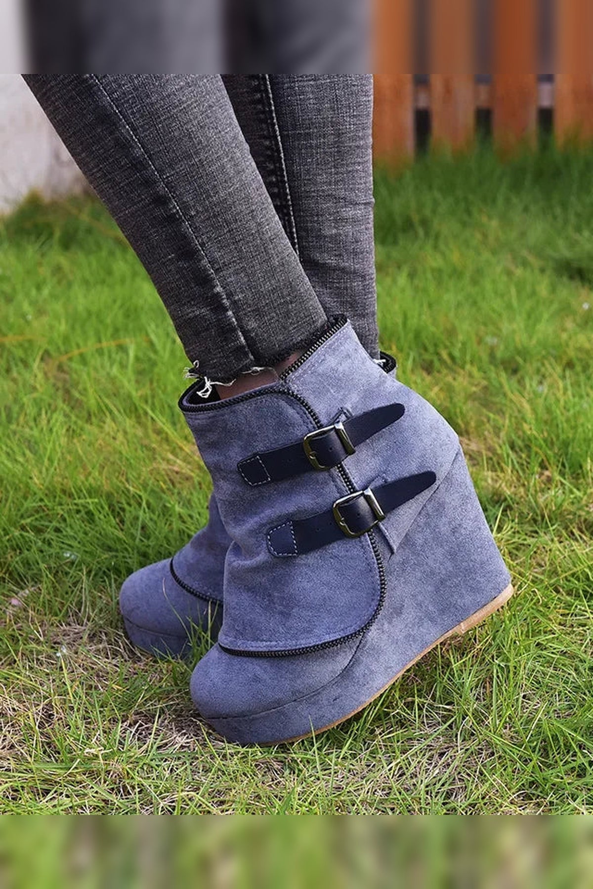 Boots Women - Suede Ankle Boots with Wedge Heel