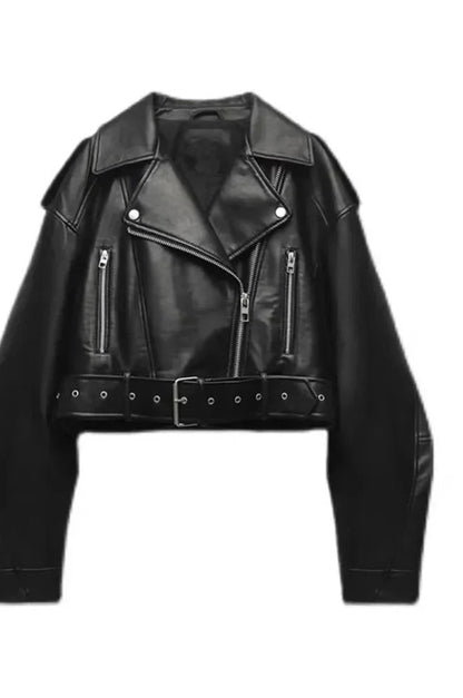 Jacket Women - Cropped Faux Leather Biker Jacket with Belt