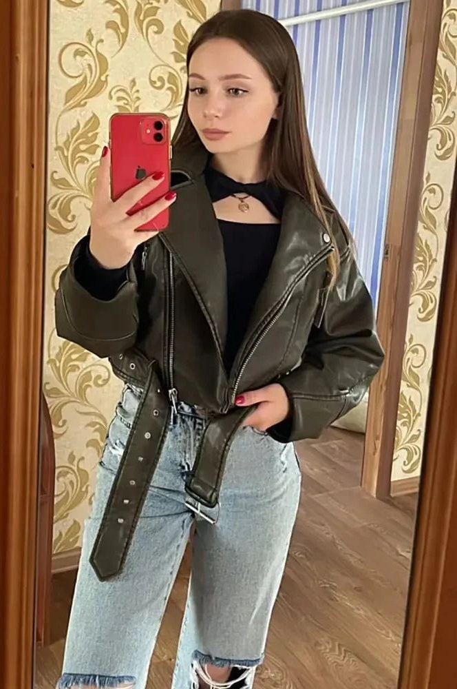 Jacket Women - Cropped Faux Leather Biker Jacket with Belt