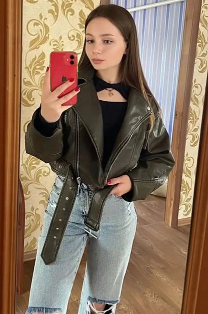 Jacket Women - Cropped Faux Leather Biker Jacket with Belt
