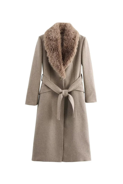 Coat Women - Longline Wool Blend Coat with Faux Fur Collar
