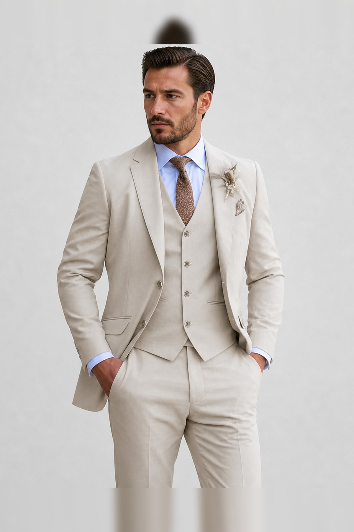 Suit Men - Linen Breathable Suit with V-Neckline