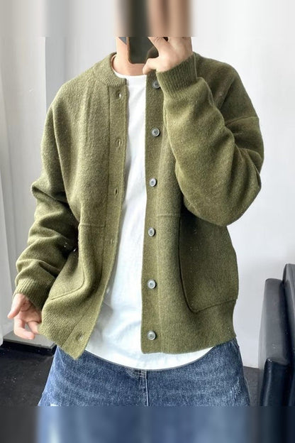 Cardigan Men - Button-Front Ribbed Cardigan with Crew Neck