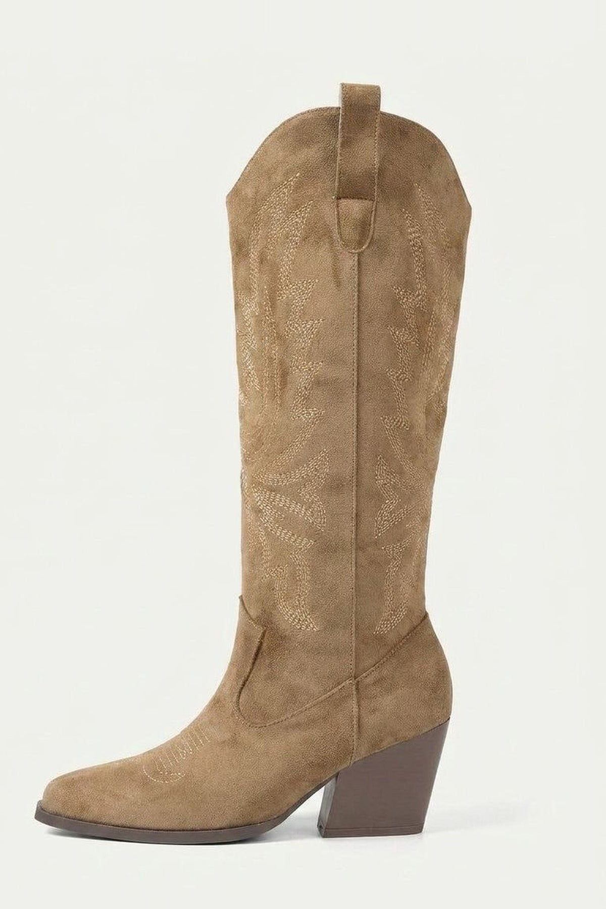Knee High Boots Women - Suede Embroidered Knee High Boots with Block Heel