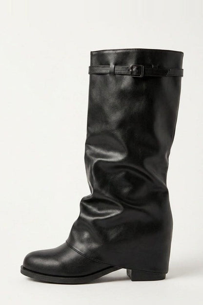 Knee High Boots Women - Fold-Over Slouchy Knee High Boots with Buckle Detail