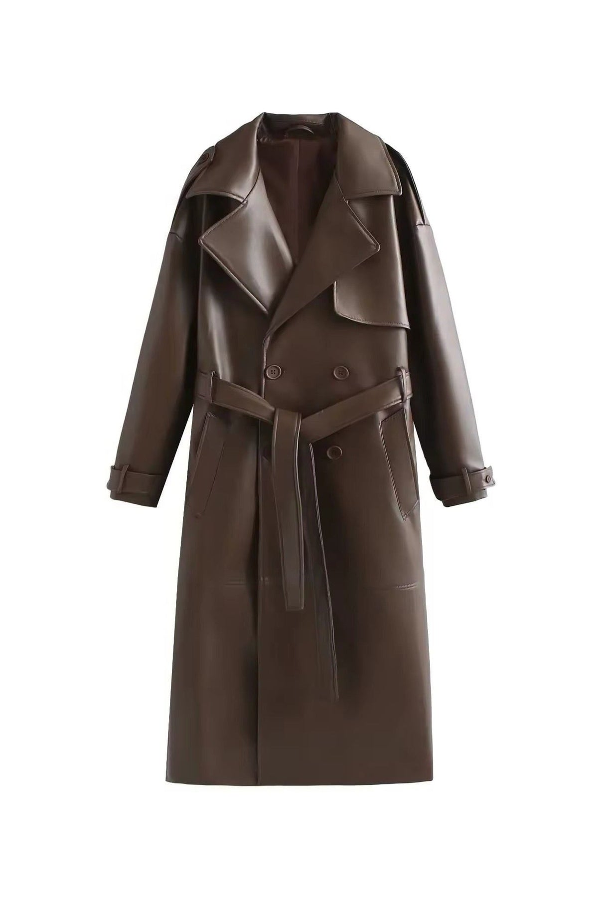 Trench Coat Women - Double-Breasted Belted Trench Coat with Long Sleeves