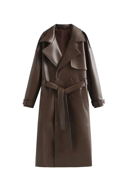 Trench Coat Women - Double-Breasted Belted Trench Coat with Long Sleeves