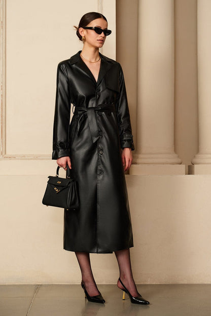 Trench Coat Women - Button-Front Wrap Trench Coat with Long Sleeves