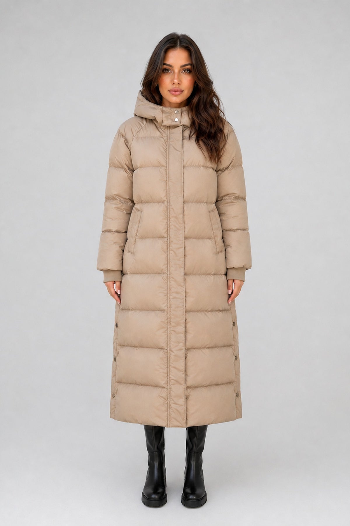 Coat Women - Long Puffer Coat with Quilted Panels