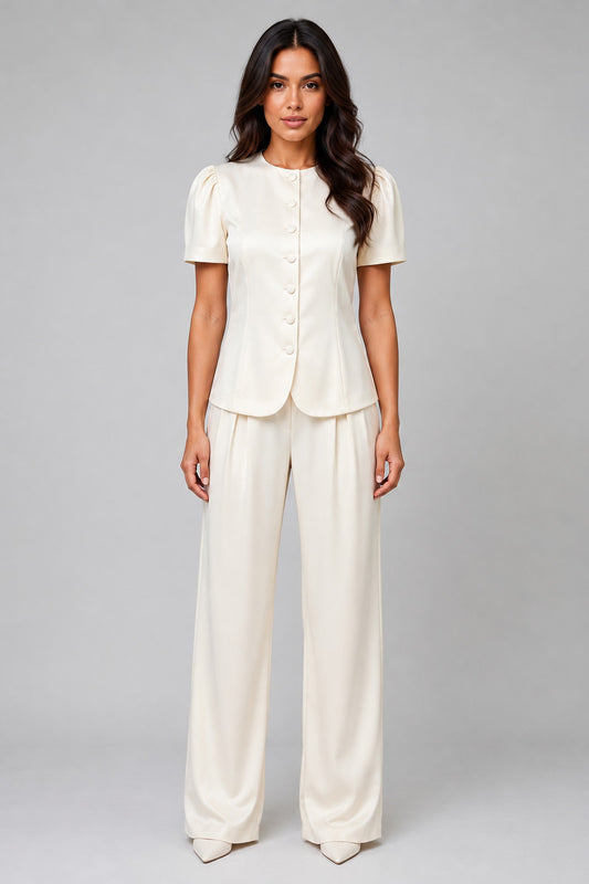 Suit Women - Two-Piece Suit with Short Sleeve Blazer and Wide Leg Trousers