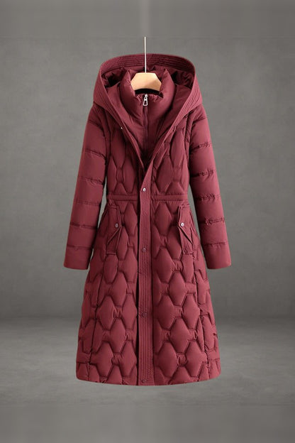 Coat Women - Longline Hooded Puffer Coat with Quilted Panels