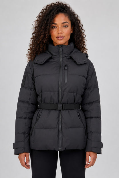 Jacket Women - Belted Hooded Puffer Jacket with Removable Belt