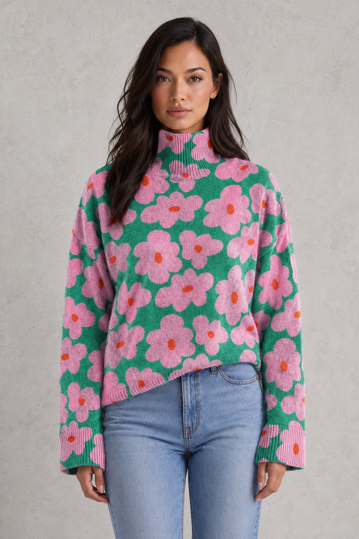 Sweater Women - Floral Print Jumper with Mock Neck