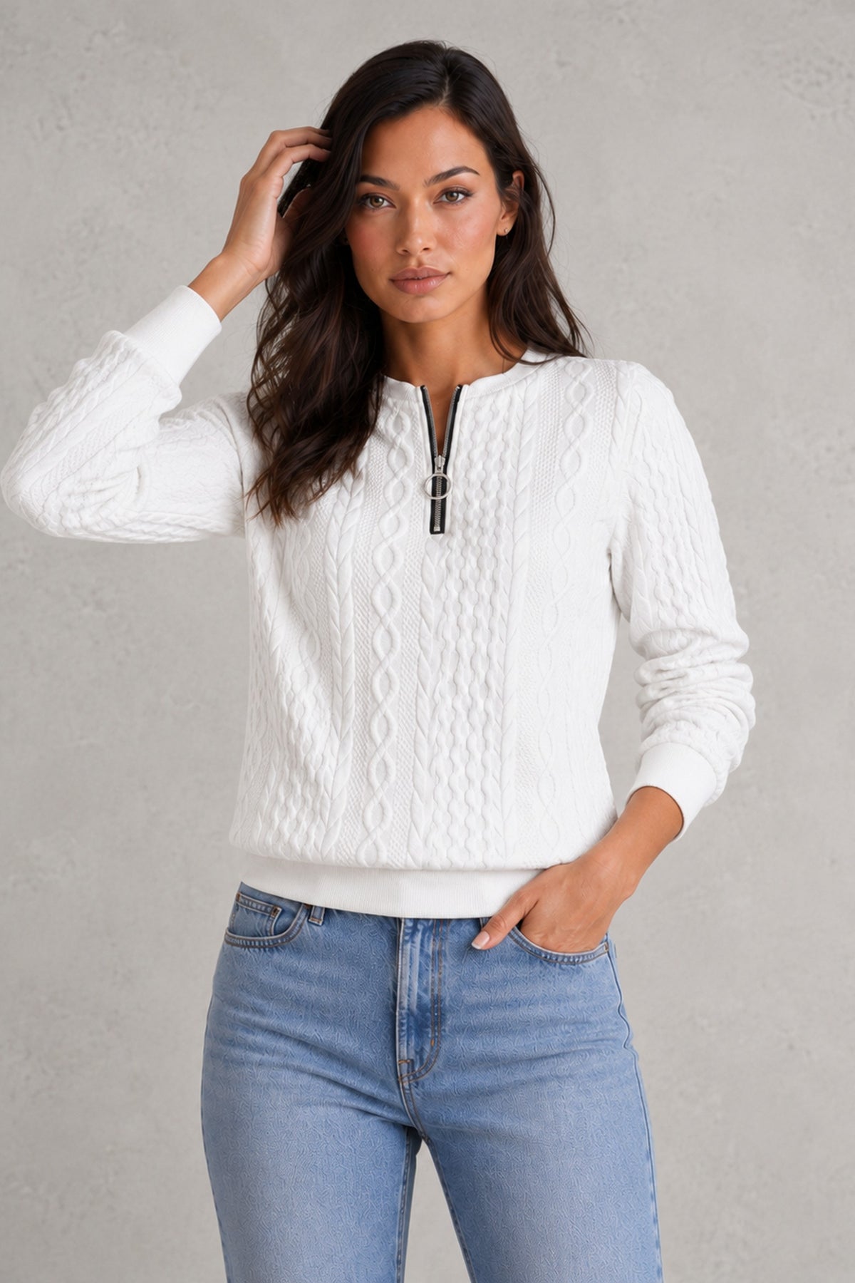 Sweater Women - Cable Knit Jumper with Quarter Zip
