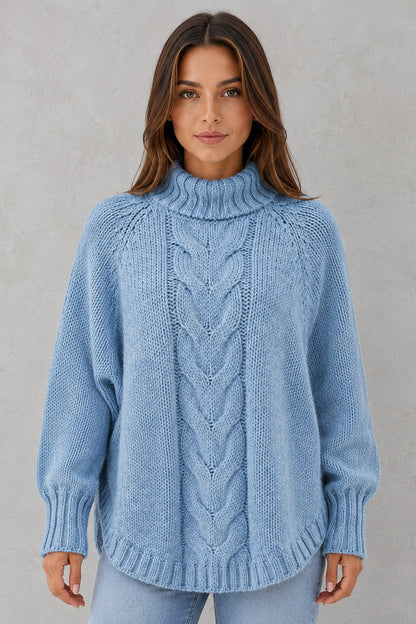 Sweater Women - Chunky Cable Roll Neck Jumper with Curved Hem