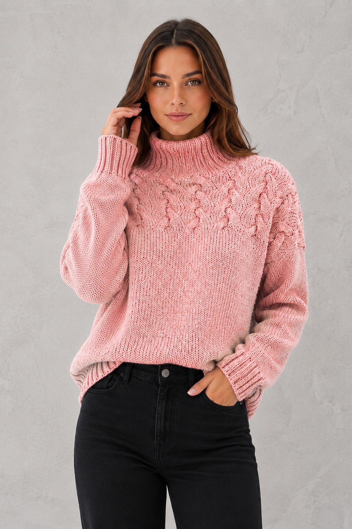 Sweater Women - Bobble Knit Roll Neck Jumper with Ribbed Cuffs