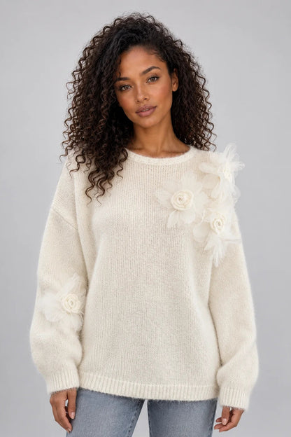 Floral Knit Jumper Women – Chic 3D Flower Detail Design 0