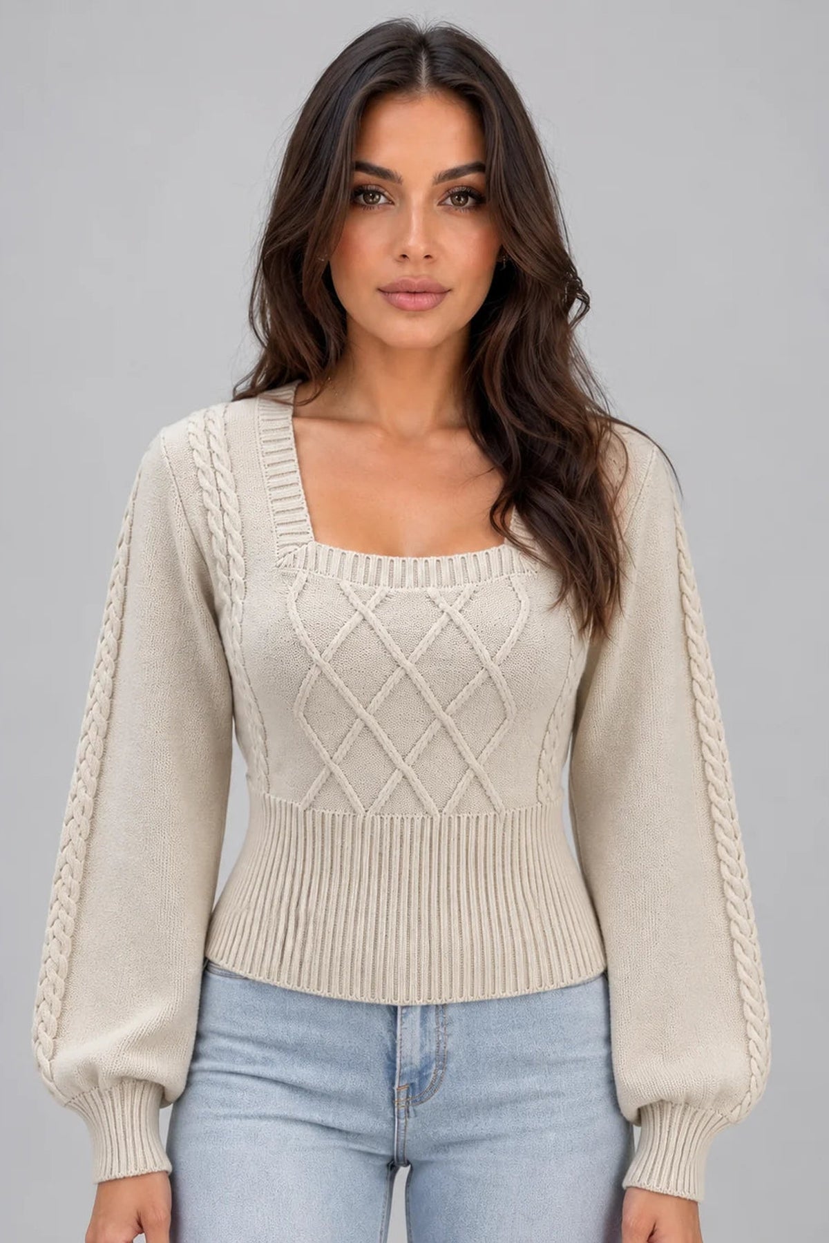 Women's Square Neck Cable Knit Jumper – Chic Balloon Sleeve Elegance 0