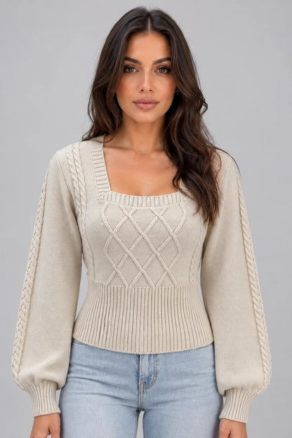 Women's Square Neck Cable Knit Jumper – Chic Balloon Sleeve Elegance 0