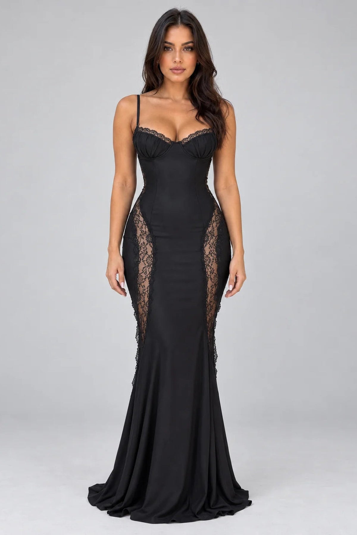 Women’s Lace Panel Maxi Dress – Sophisticated Black Elegance for Formal Events 0