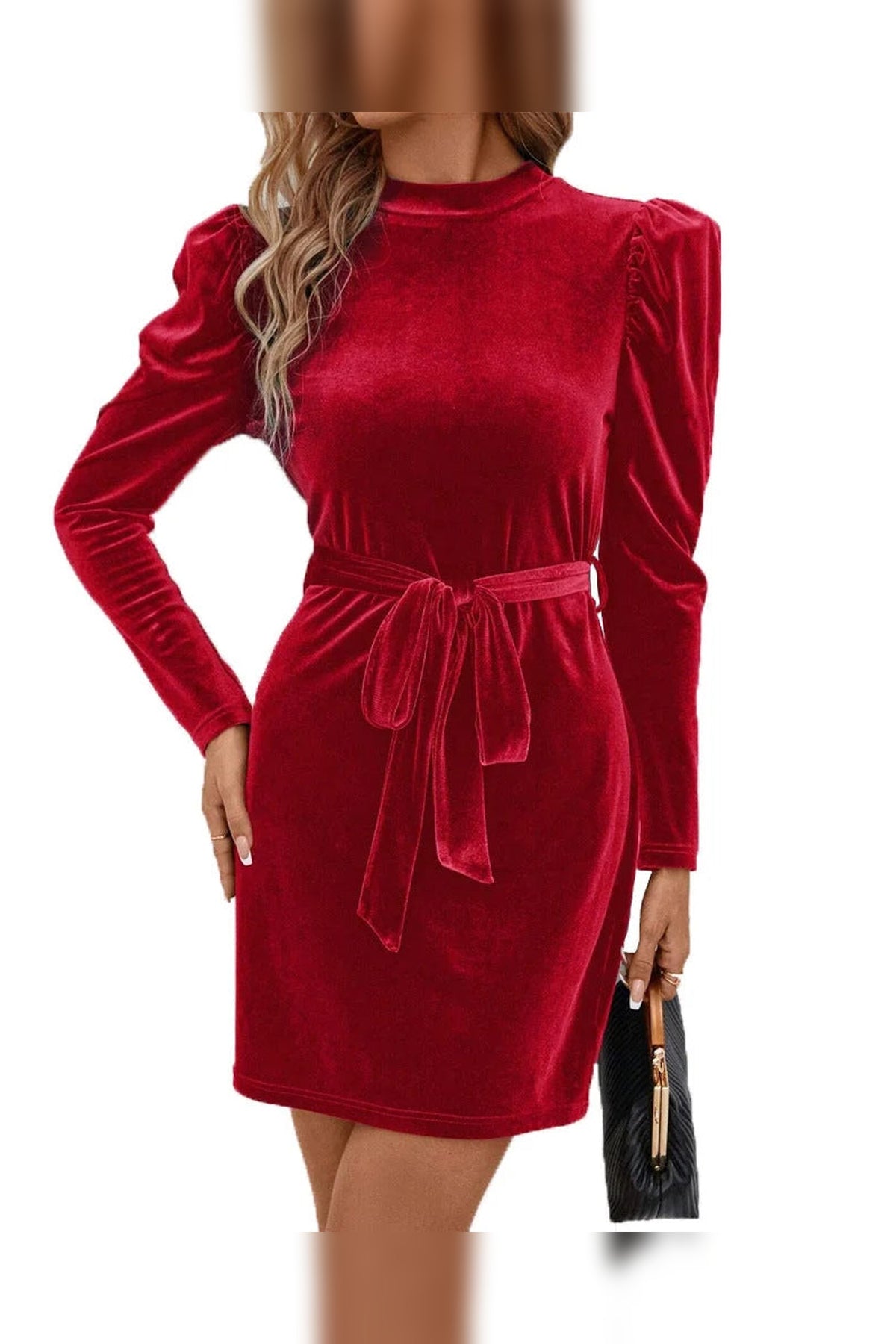 Mini Dress Women - Velvet Puff Sleeve with Belt