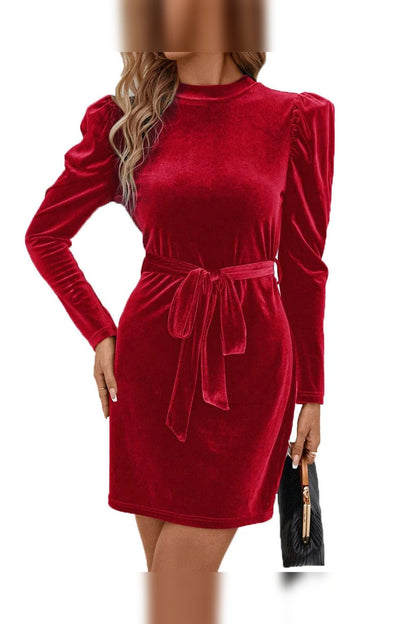 Mini Dress Women - Velvet Puff Sleeve with Belt