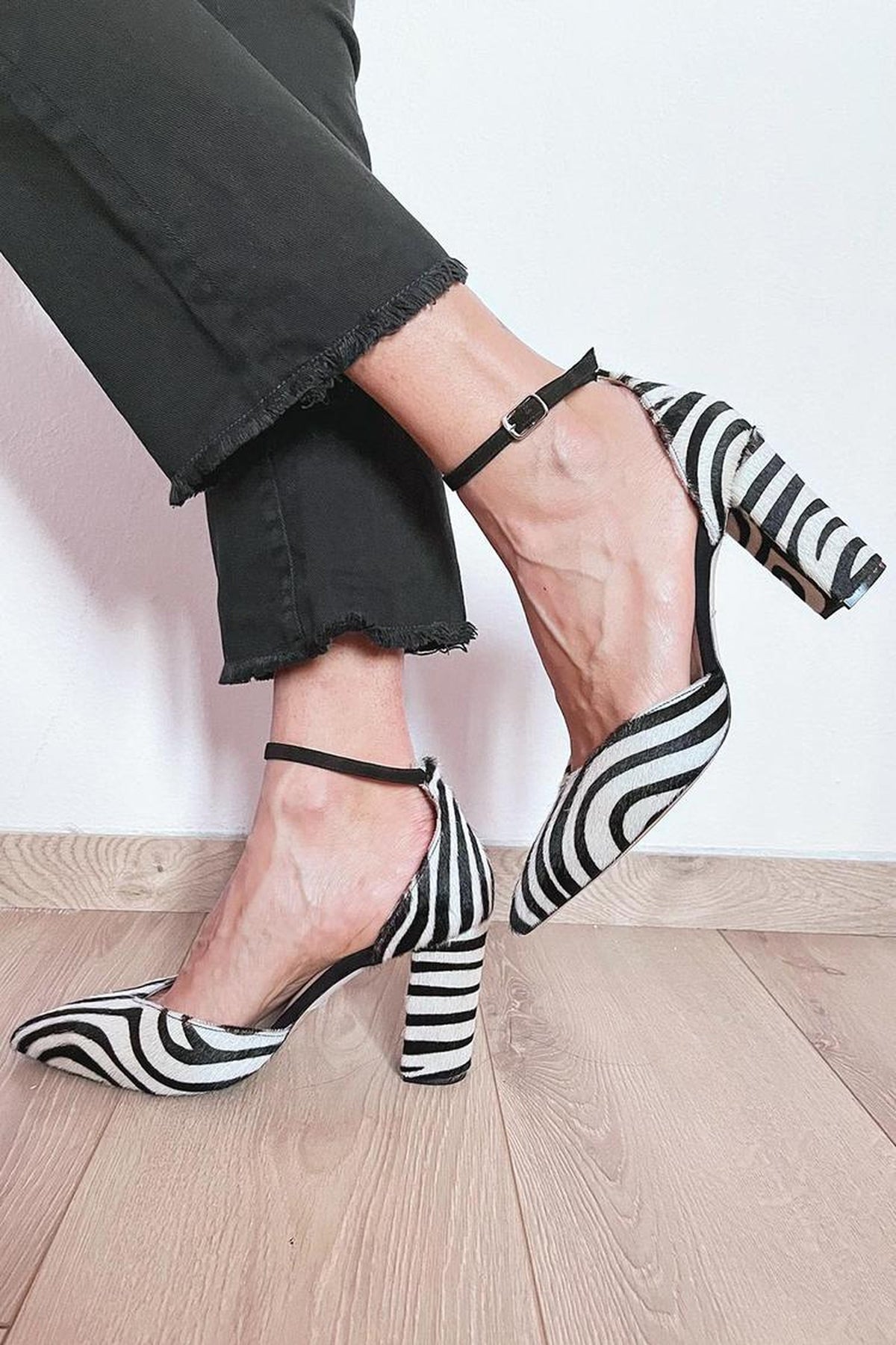 Heels Women - Zebra Print with Ankle Strap and Block Heel