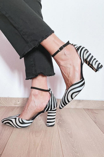 Heels Women - Zebra Print with Ankle Strap and Block Heel