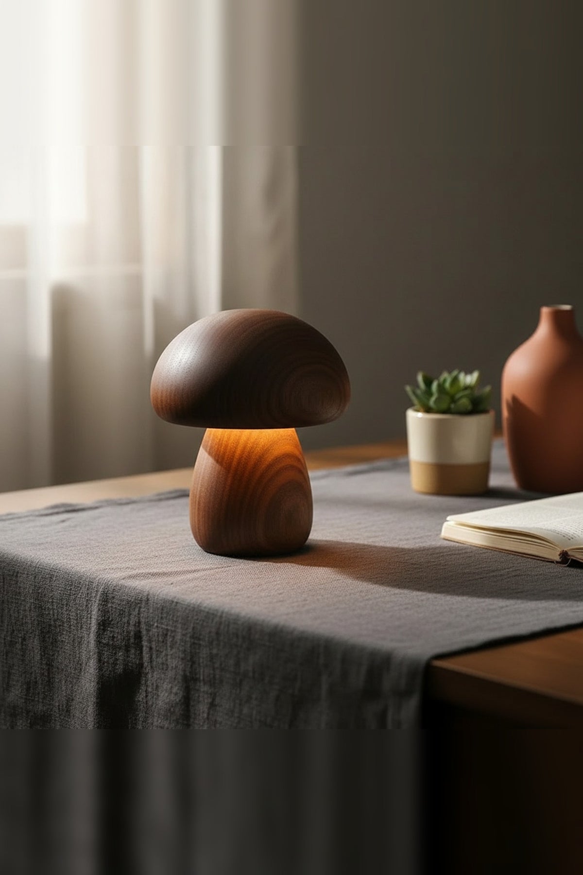 Wooden Mushroom Night Light – solid timber, touch dimmable, USB rechargeable