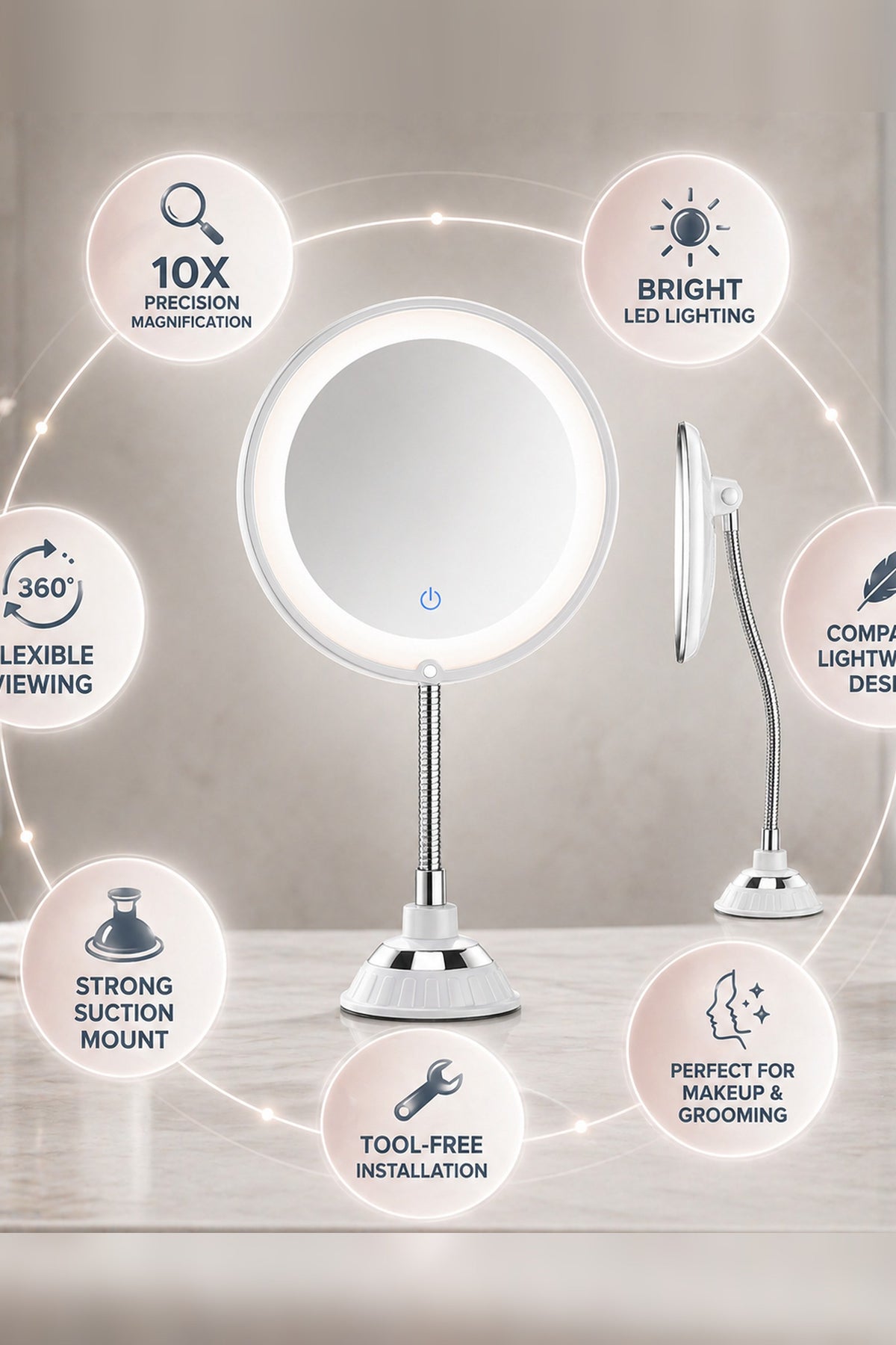 LED Magnifying Mirror – 10× magnification, flexible arm, suction mount