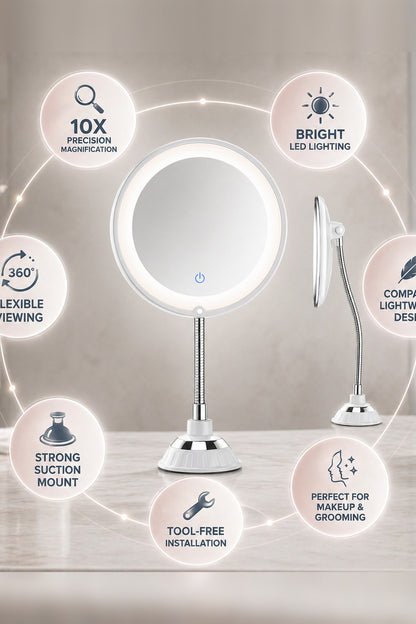 LED Magnifying Mirror – 10× magnification, flexible arm, suction mount