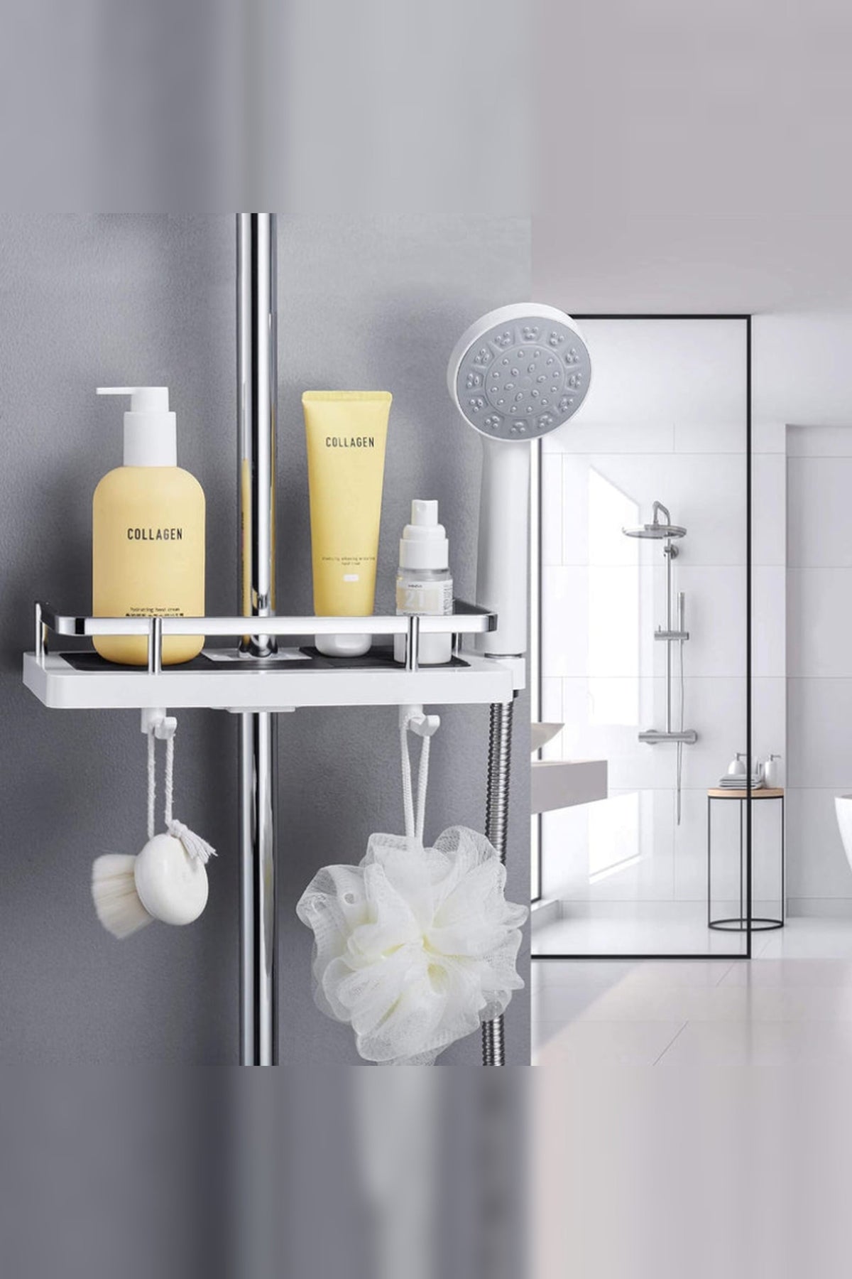 Drill-Free Shower Caddy – Adjustable Support for Shower Rail