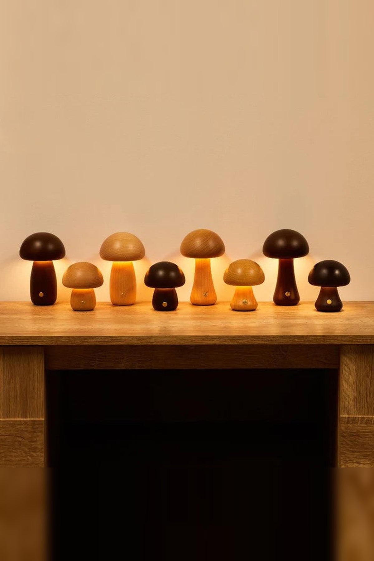 Wooden Mushroom Night Light – solid timber, touch dimmable, USB rechargeable