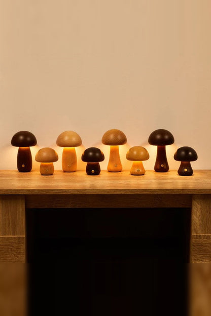 Wooden Mushroom Night Light – solid timber, touch dimmable, USB rechargeable
