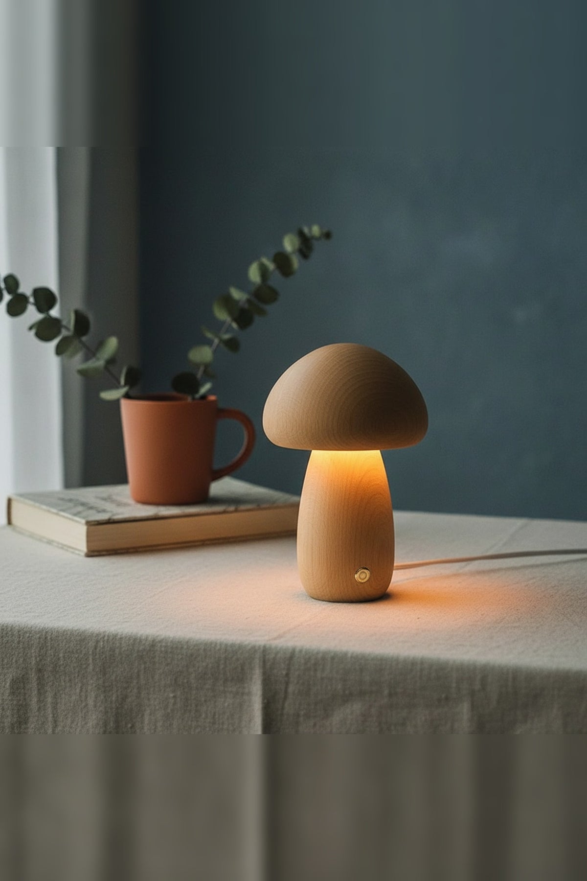 Wooden Mushroom Night Light – solid timber, touch dimmable, USB rechargeable
