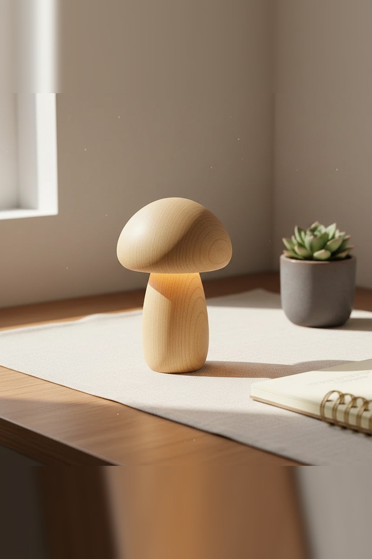 Wooden Mushroom Night Light – solid timber, touch dimmable, USB rechargeable