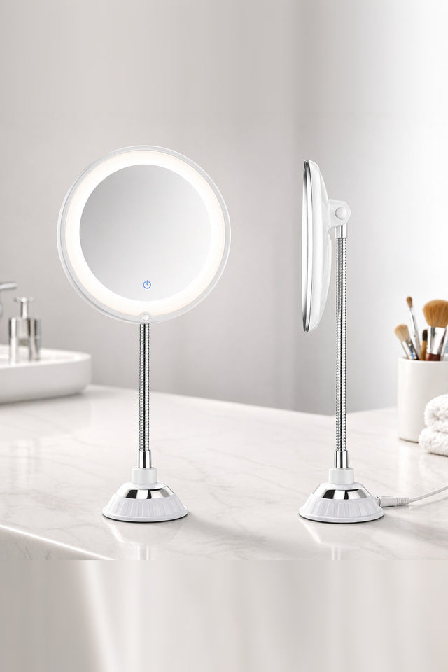 LED Magnifying Mirror – 10× magnification, flexible arm, suction mount