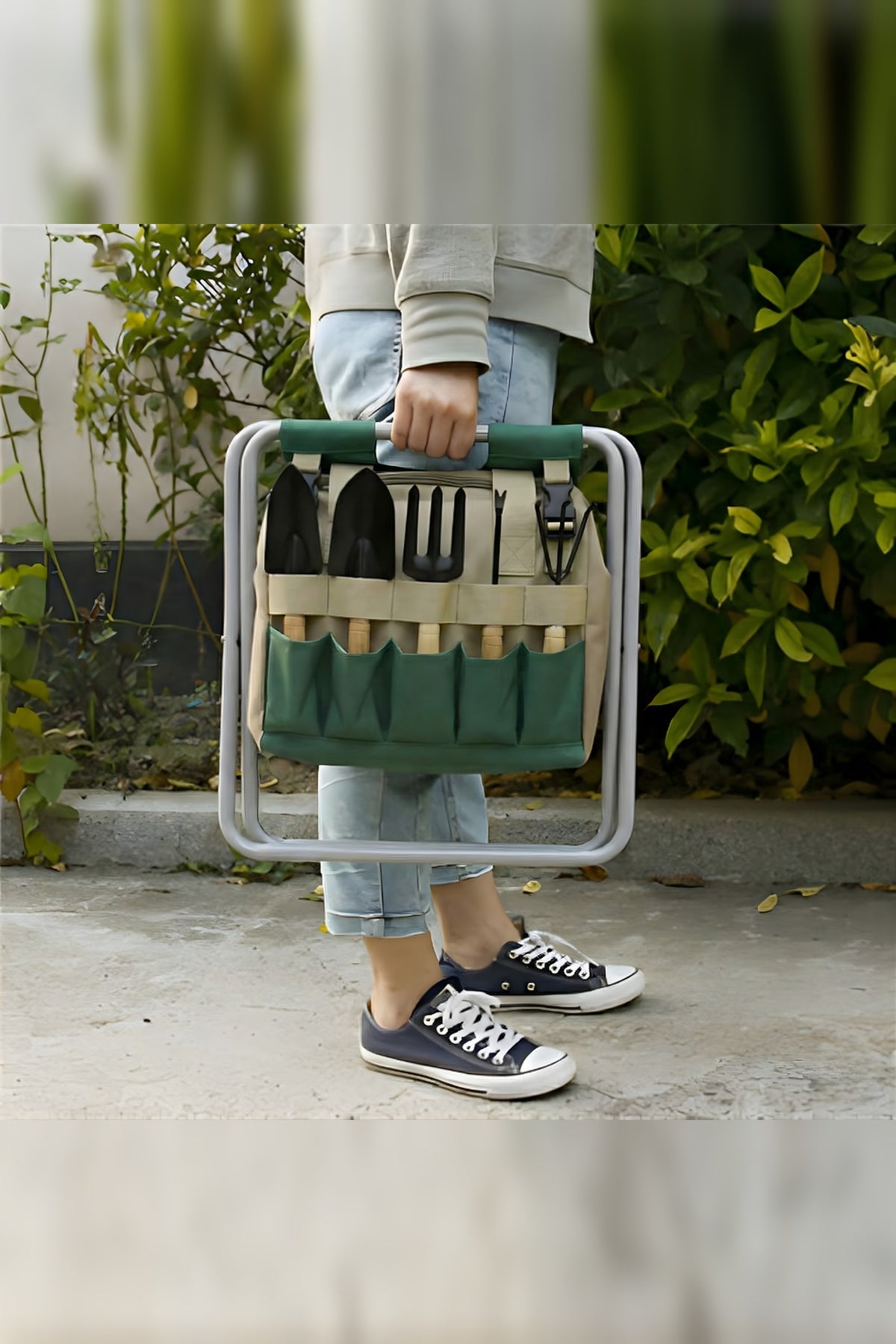 Garden Tool Kit with Folding Stool – Storage Bag and Six Tools