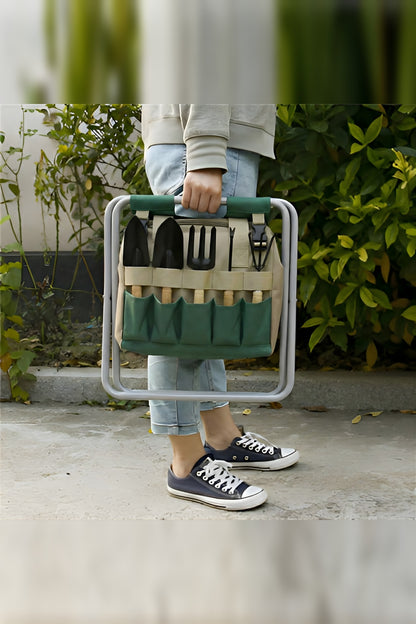 Garden Tool Kit with Folding Stool – Storage Bag and Six Tools
