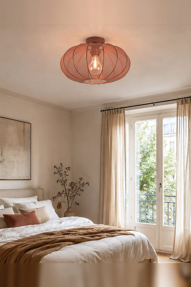Round Mesh Ceiling Light – terracotta pink, sheer fabric panels, open base