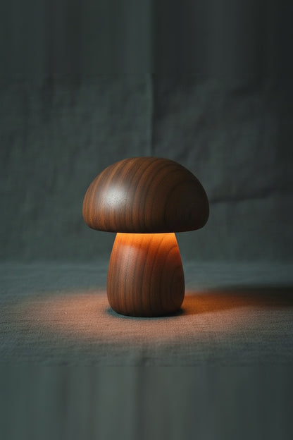 Wooden Mushroom Night Light – solid timber, touch dimmable, USB rechargeable