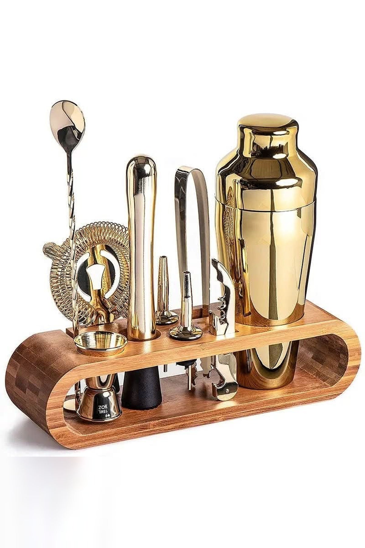 Cocktail Shaker Set with Wooden Stand – 10 Stainless Steel Bar Tools